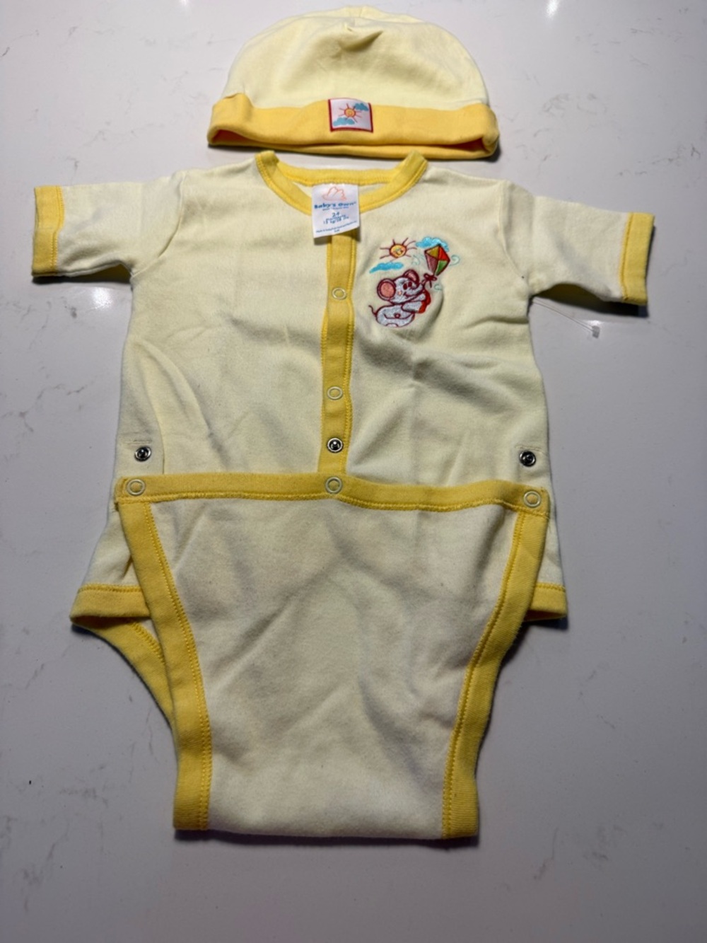 Vintage Soft Yellow Baby One-Piece with Yellow Trim and hat
